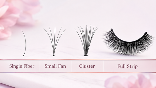 Individual lash types showing single fibers, small fans, lash clusters, and one full strip lash