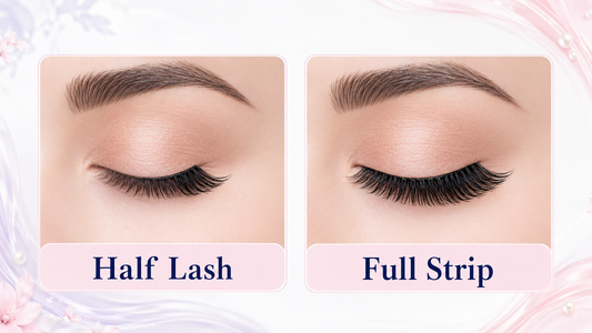 Half lashes covering the outer lash line compared with full strip lashes across most of the eye