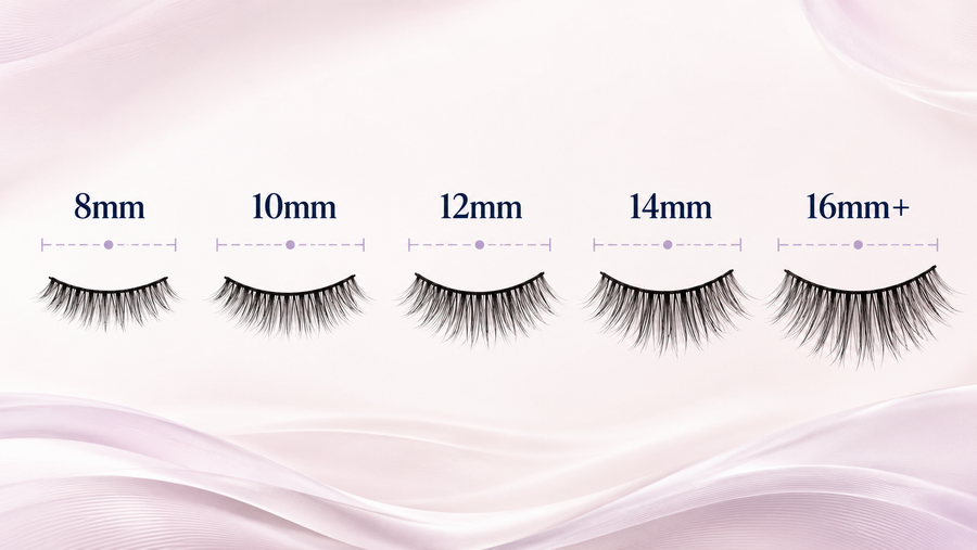 8mm, 10mm, 12mm, 14mm and longer false eyelash lengths compared