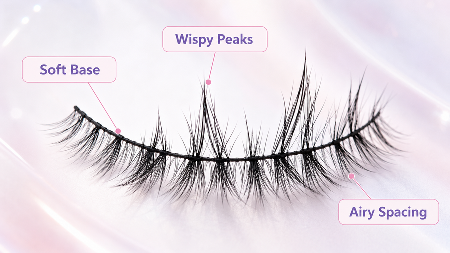 Wispy lashes showing soft base fibers, longer peaks, and airy spacing