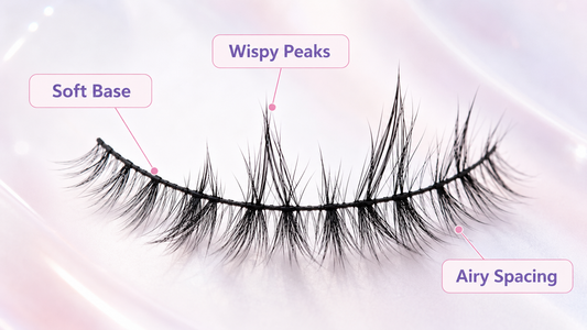 Wispy lashes showing soft base fibers, longer peaks, and airy spacing