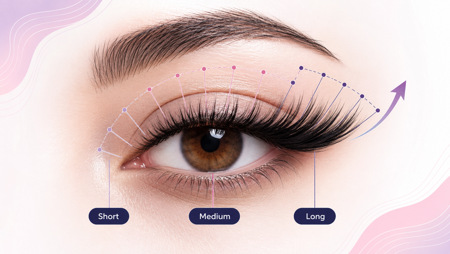 Cat eye lash map with shorter inner fibers and longer outer-corner fibers