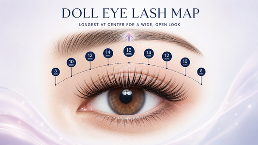 Doll eye lash map with the longest fibers over the center of the eye