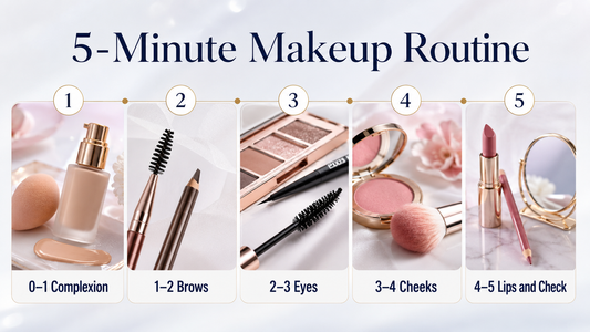 Five-minute makeup routine timeline for complexion, brows, eyes, cheeks, and lips
