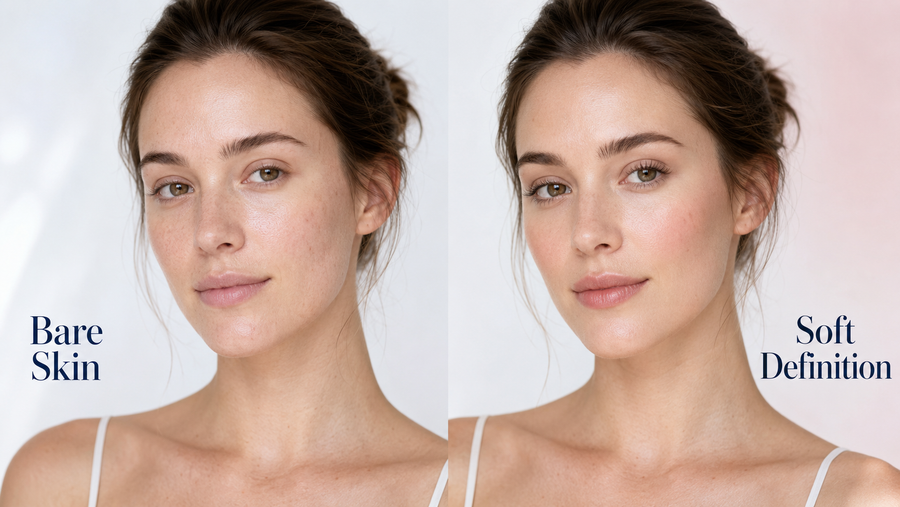 Before and after comparison showing a natural no-makeup makeup look with sheer skin and soft definition