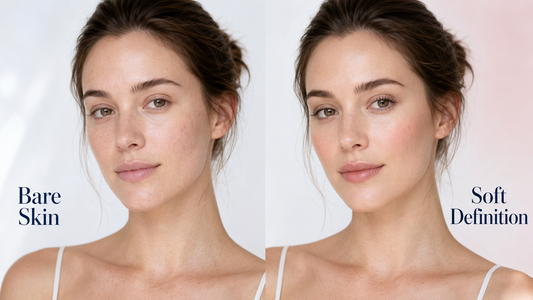 Before and after comparison showing a natural no-makeup makeup look with sheer skin and soft definition