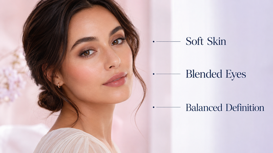 Soft glam makeup look with skin-like complexion, blended neutral eyes, soft blush, and balanced lashes