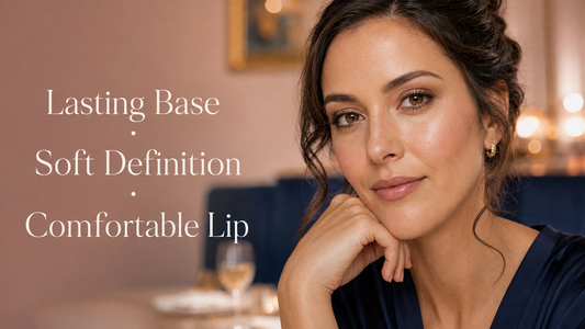 Polished soft glam date night makeup with satin skin, defined eyes, blush, lashes, and rose lip