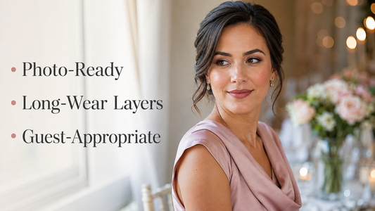 Photo-ready wedding guest makeup with natural satin skin, defined eyes, blush, lashes, and elegant lip color