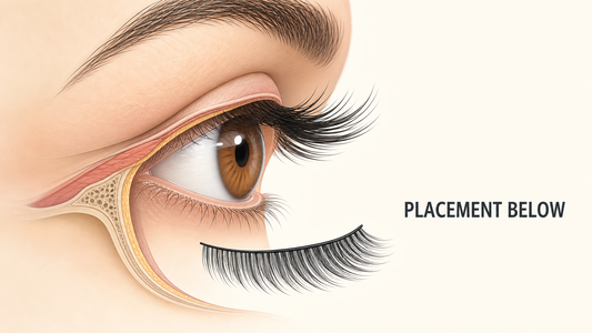 Underlash placement beneath natural lashes shown in a clear side view
