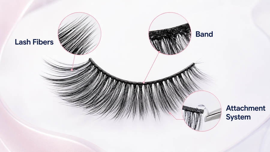 False eyelash fiber, band and attachment components explained