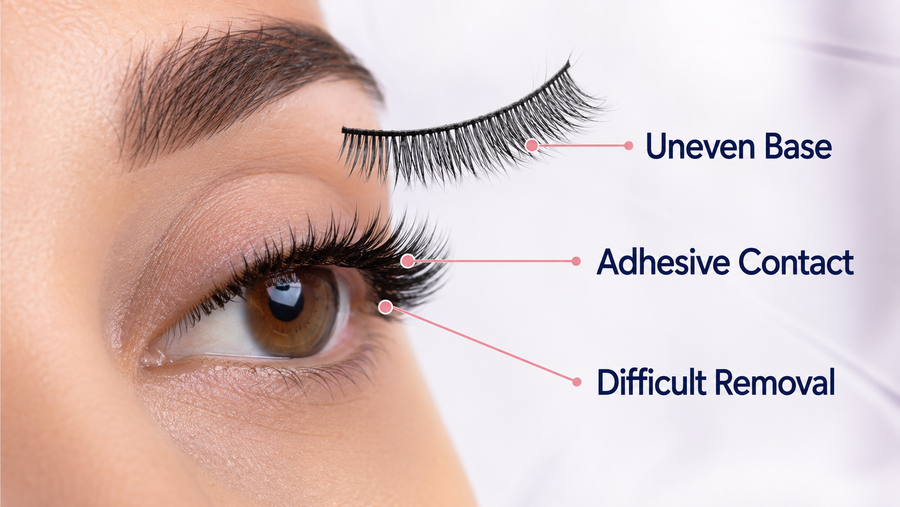 False lash strip placement over lash extensions showing fit conflicts
