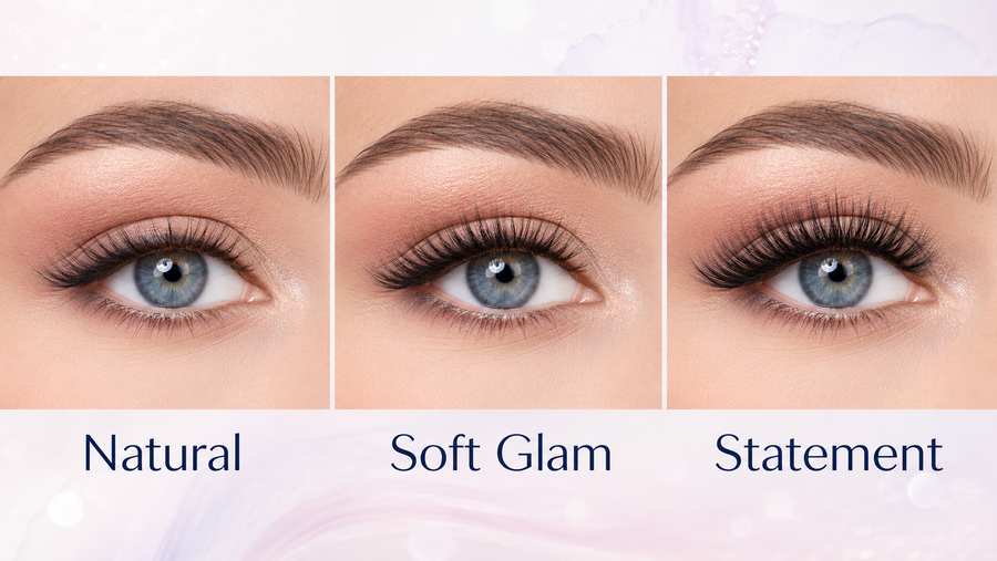 Natural, soft-glam and statement prom lash styles compared