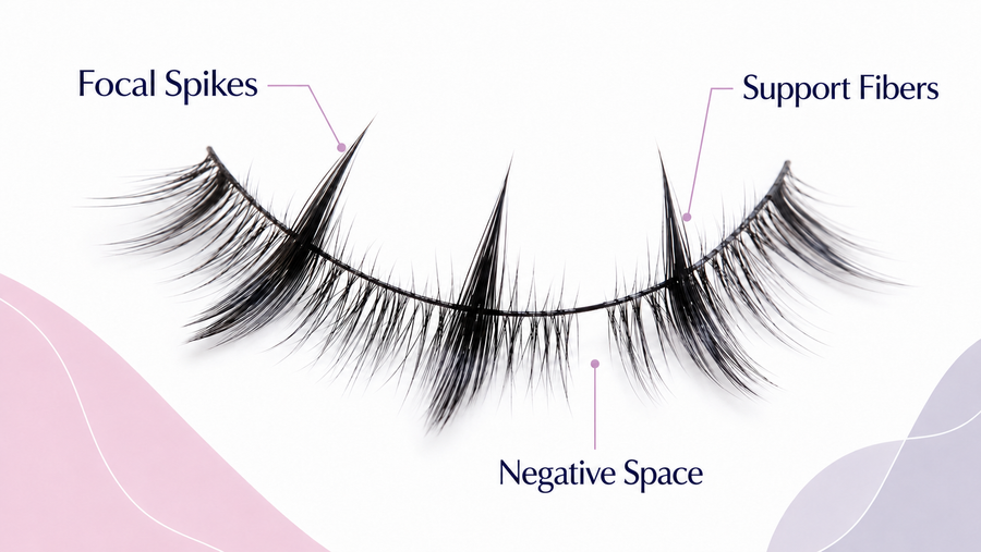 Manga lash anatomy showing focal spikes, support fibers and negative space