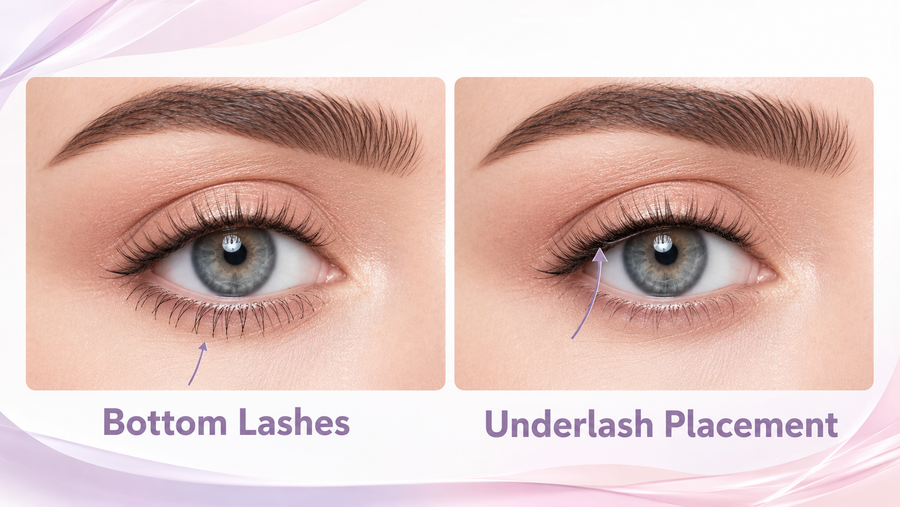 Bottom lashes and underlash placement shown on different lash lines