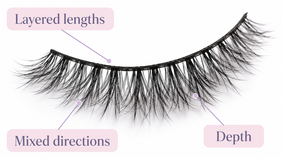 3D lashes showing layered lengths and multidirectional fibers