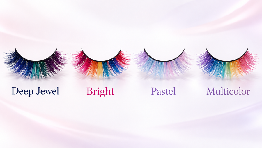 Colored false eyelashes grouped into jewel, bright, pastel and multicolor families