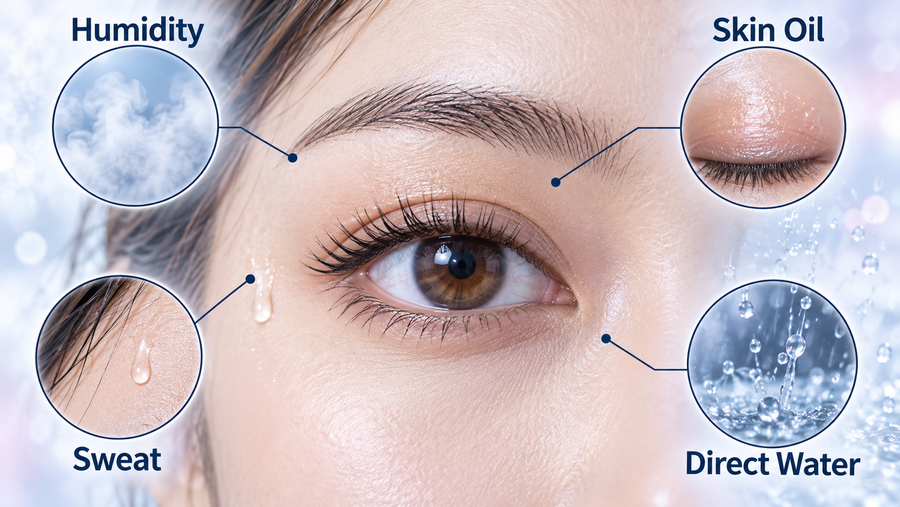 Humidity, oily eyelids, sweat and direct water shown as different lash-wear variables