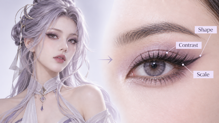 Cosplay lash brief based on character eye silhouette, scale and contrast