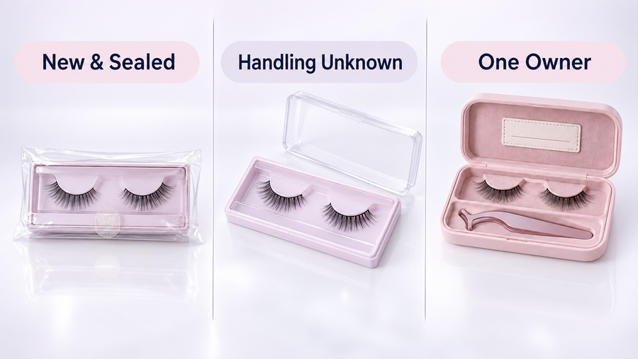 Unopened false lashes compared with opened and worn lashes for sharing