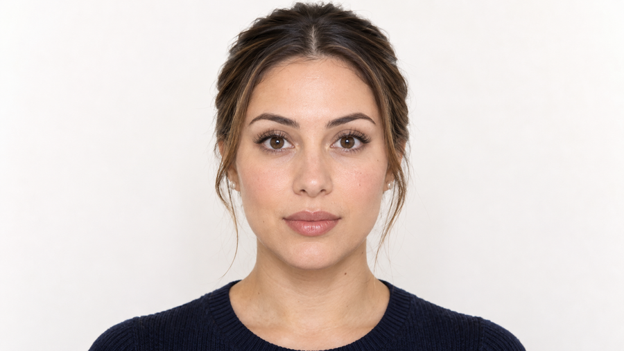 Passport photo eye visibility check with subtle false lashes