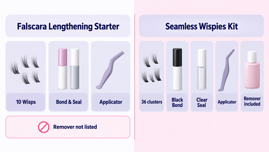 Listed components of the Falscara 10-wisp starter and Ardell Seamless Wispies kit, including their different remover inclusion.