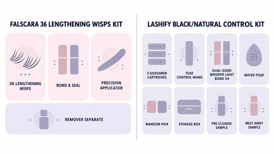 Falscara 36-wisp starter kit versus Lashify Black Natural Control Kit components