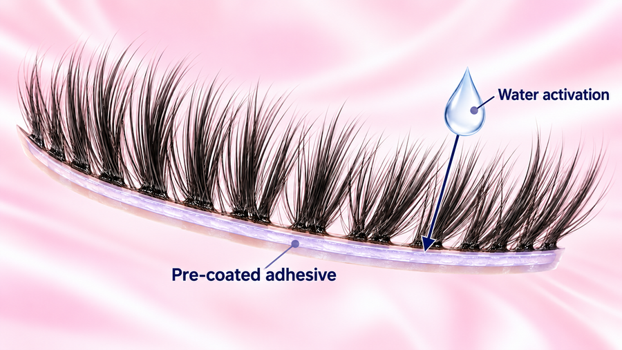 Illustrative water-activated lash band with adhesive already coated on its base.