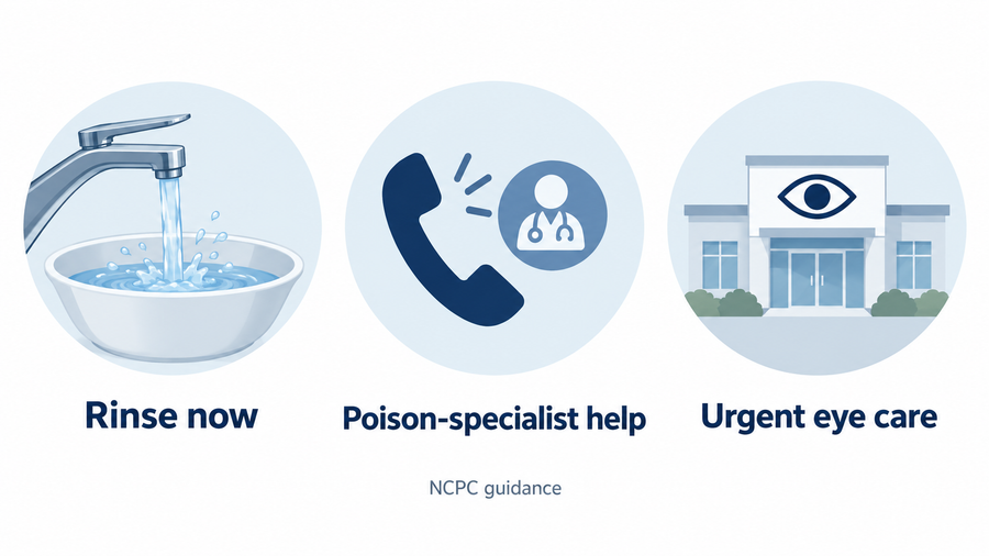 NCPC first-aid priorities after eye exposure: water irrigation, poison-specialist help and urgent eye care when indicated.
