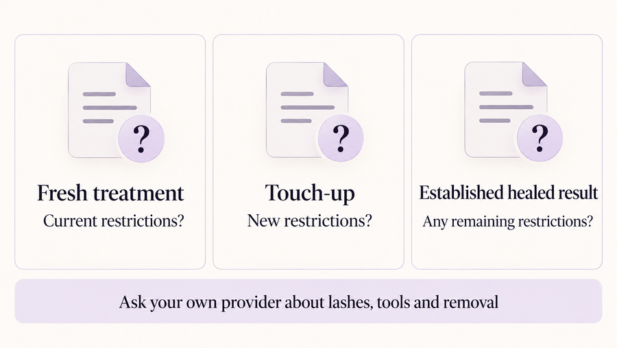 Three appointment states—fresh treatment, touch-up and established healed result—with provider questions about restrictions, tools and removal.