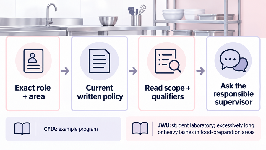 Policy-check diagram linking the exact role and work area to the current written rule, qualifiers and supervisor clarification.