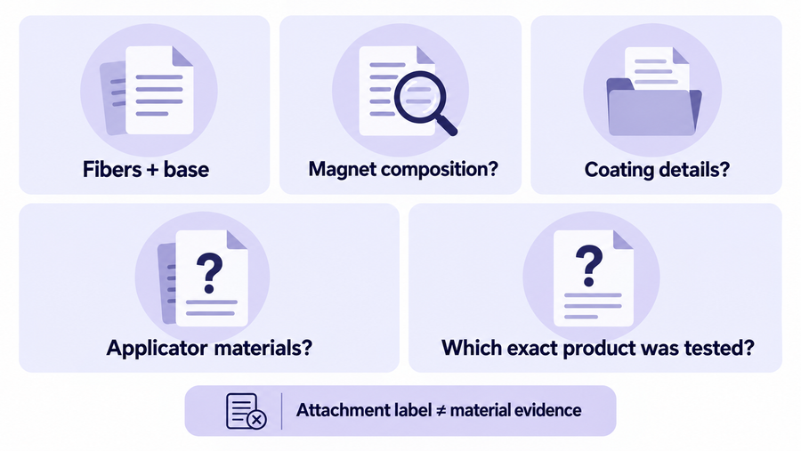 Generic documentation map separating lash fibers and base, magnets, coating, applicator and test-document questions.