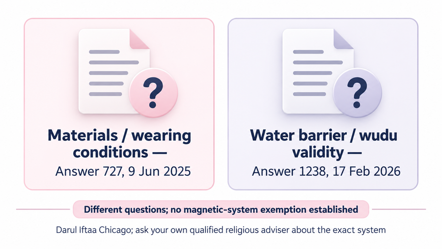 Two separate questions about material conditions and water barriers, attributed to Darul Iftaa Chicago answers 727 and 1238, with a prompt to consult one’s religious adviser.