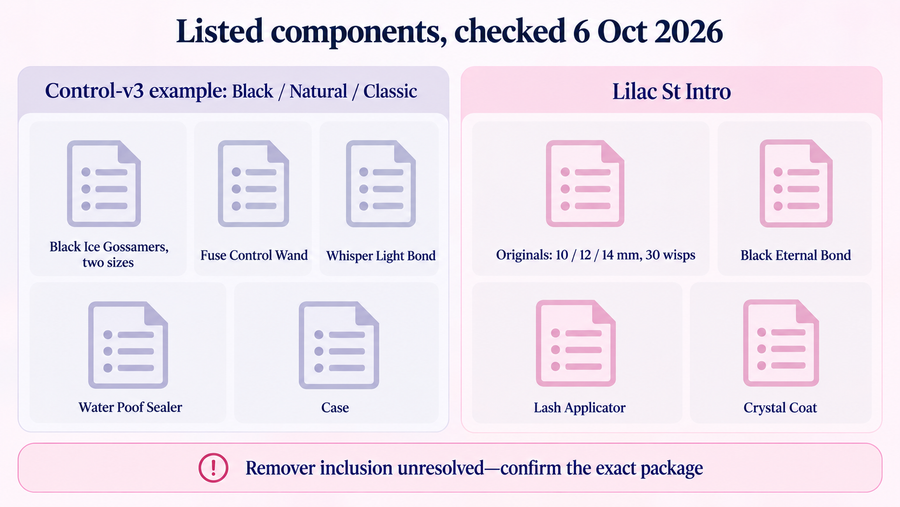 Listed components of a Black/Natural/Classic Control-v3 example beside Lilac St Intro, with remover inclusion left unresolved for both.