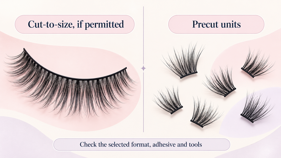 Illustration comparing maker-permitted cut-to-size ribbon supply with lash units already separated, with a reminder to check adhesive and tools separately.
