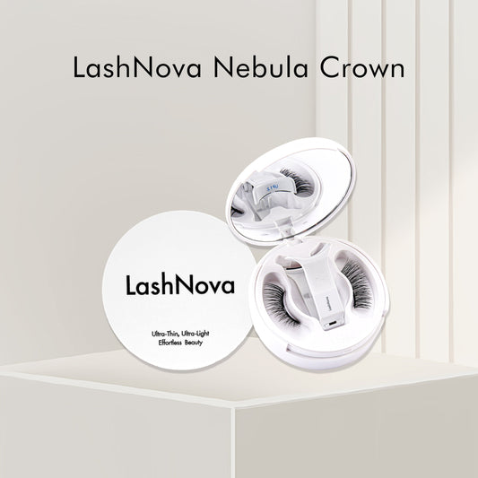 LashNova LunarMuse and Nebula Crown magnetic lashes stored neatly in their cases on a clean vanity surface.