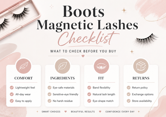 Boots magnetic lashes checklist” graphic with icons for comfort, ingredients, fit, and returns.