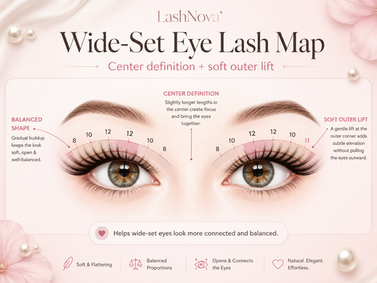 Wide-set eye lash map showing “center definition + soft outer lift