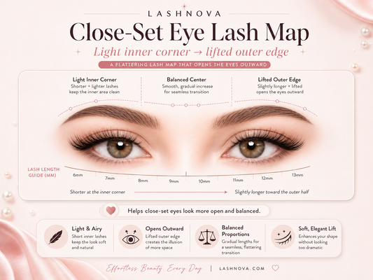 Close set eye application checklist” graphic: light inner corner, outer lift, secure corner.