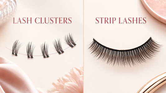 Lash clusters vs strip lashes” side-by-side comparison showing multiple small lash sections vs one continuous lash band