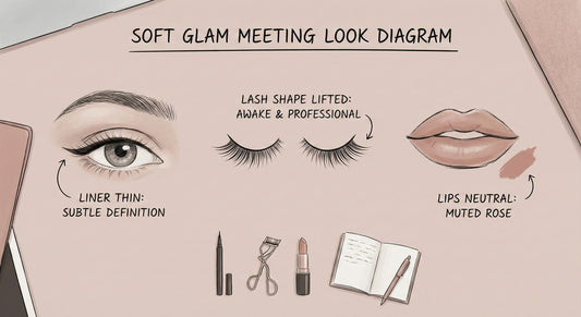 “Soft glam meeting” look diagram: liner thin / lash shape lifted / lips neutral