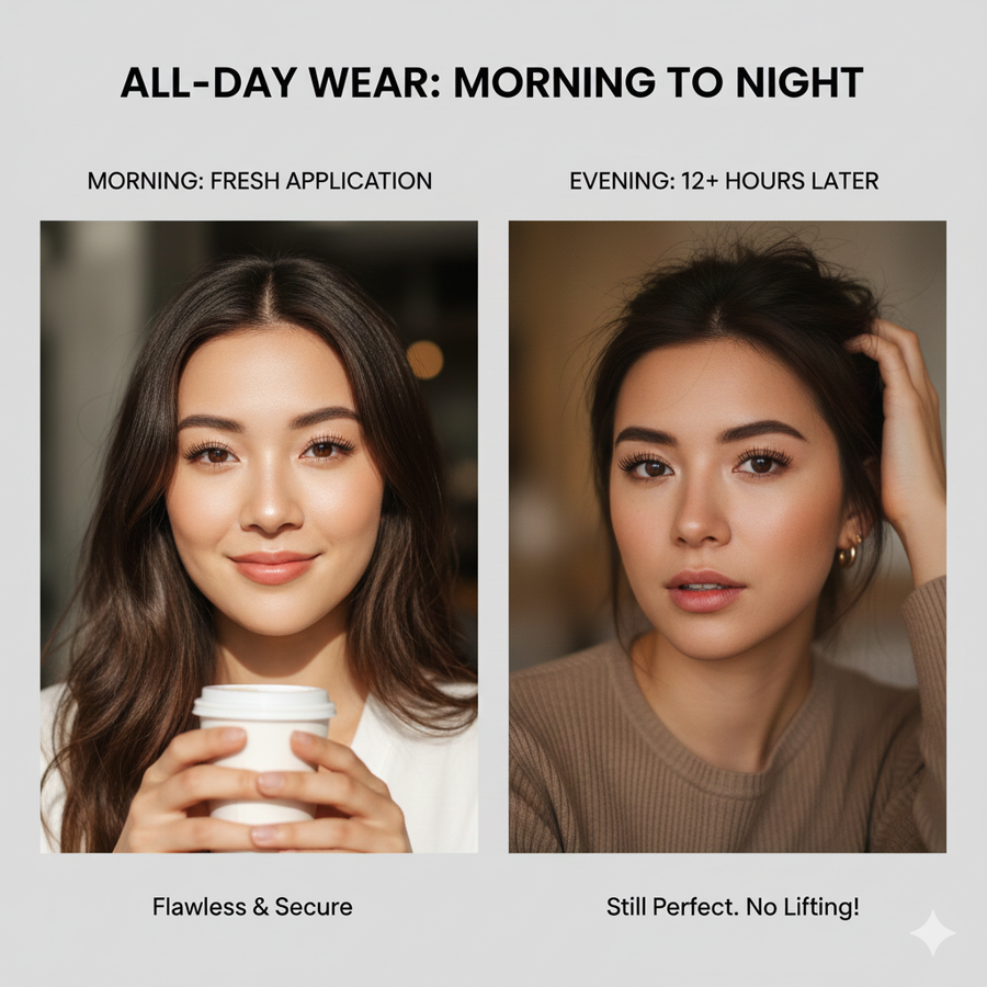Before-and-after style image showing magnetic lashes worn from morning to evening, still looking comfortable and in place.