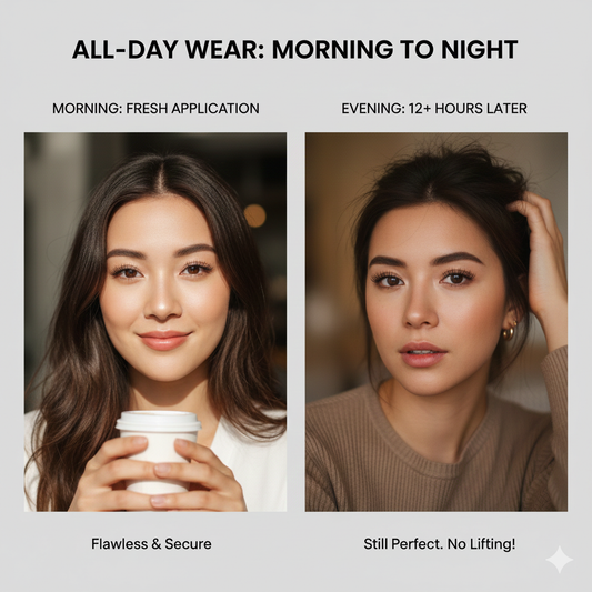 Before-and-after style image showing magnetic lashes worn from morning to evening, still looking comfortable and in place.