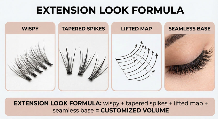 “Extension Look Formula” graphic: wispy + tapered spikes + lifted map + seamless base