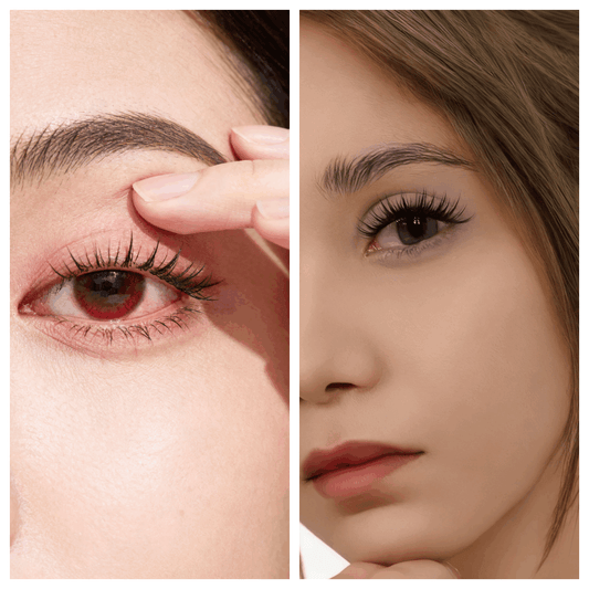 Side-by-side comparison of irritated red eyes versus calm, comfortable eyes wearing soft magnetic lashes.