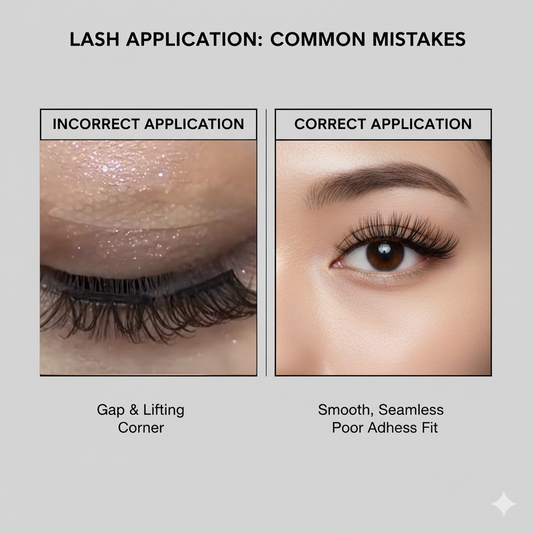 Side-by-side comparison of magnetic lashes applied incorrectly versus correctly, showing band placement and corner lifting vs a smooth fit.