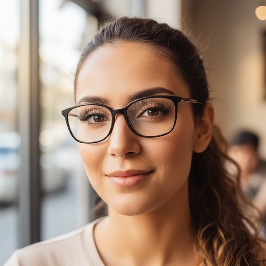 Model wearing glasses and soft LashNova magnetic lashes, showing how lashes can look natural and lifted behind frames.