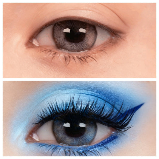 Model with hooded eyes wearing soft, wispy LashNova magnetic lashes that lift and open the eyes.